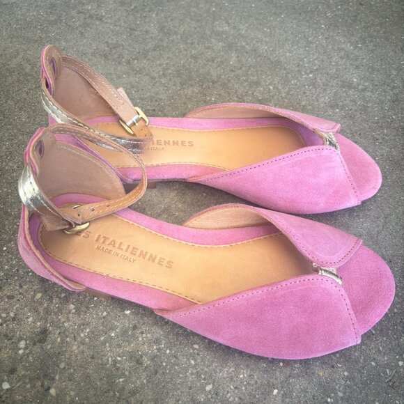 NWOT LES ITALIENNES pink & gold suede flat sandals (size 37) - Picture 5 of 5
